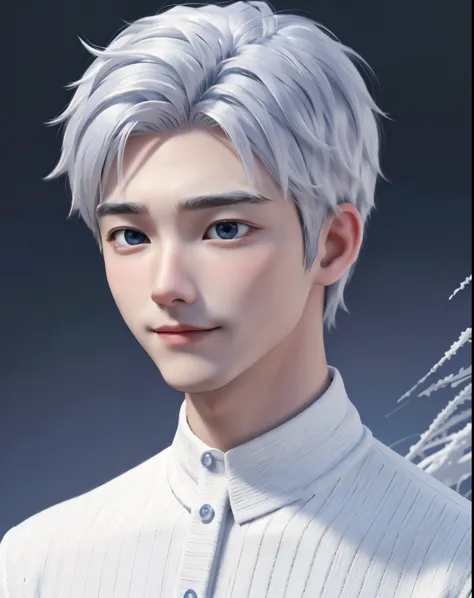 Boy, white hair, blue eyes, sharp, serious features, white skin, black sweater