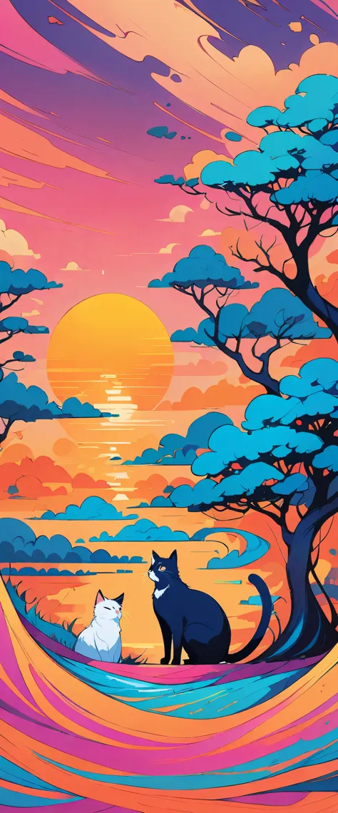 super nice background，clean background，abstract painting，vibrant colors，a cat，under the sun，trees