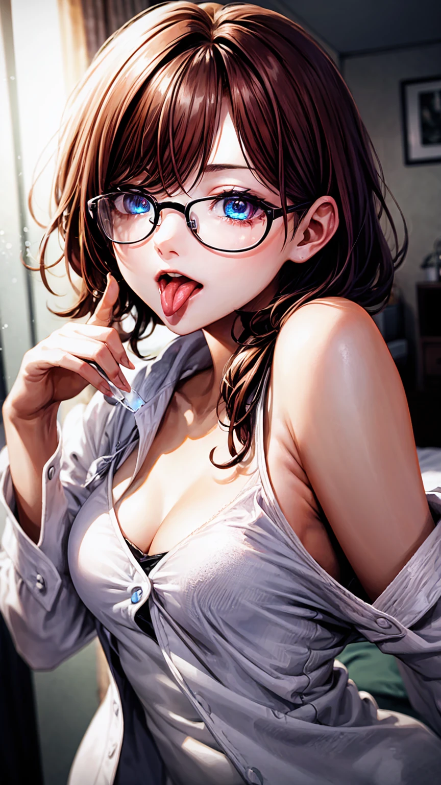 ultradetail、particles of light:0.5、slender、small breasts、Red Frame Glasses、beautiful blue eye、kissing face、cleavage、bathrobe、face with tongue out、lie on the bed