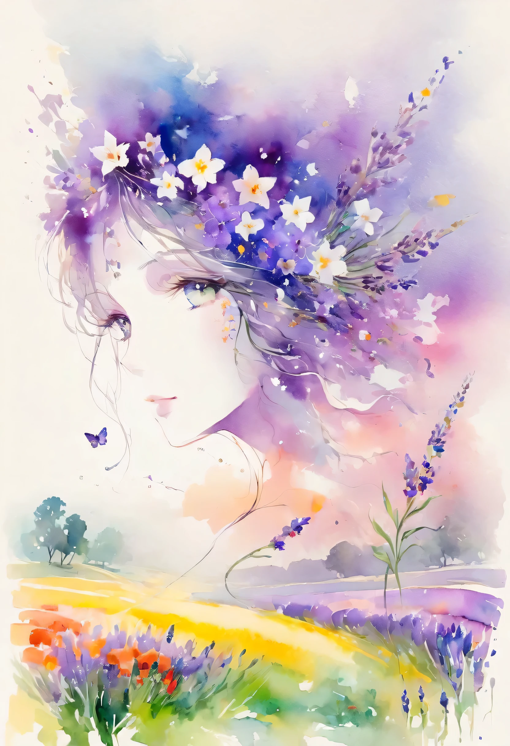 This watercolor flower painting presents an elegant and fresh visual effect。Wildflower and lavender fields，Forming the perfect combination of nature and romance。The screen is dominated by a white background，Highlight isolated watercolor flower。Splash technology recreates wet conditions，The atmosphere seems vague and dreamy。The unique composition and abstract expression add to the artistic sense of the picture.，Contains elements of surrealism。The overall color tone is mainly light colors，Lilac and green complement each other beautifully，Show high-resolution details。The splash-ink effect adds a touch of agility to the picture，The light color gives the flowers a deep and restrained beauty.。