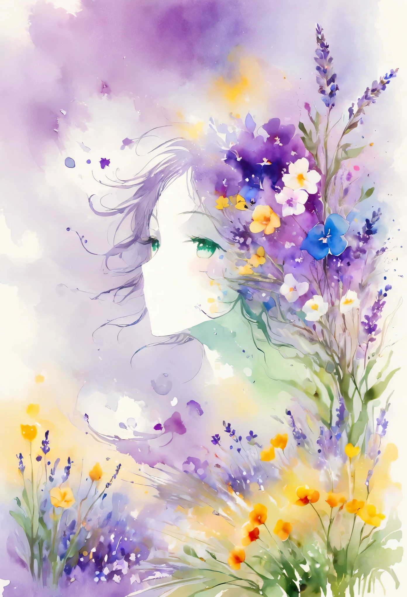 This watercolor flower painting presents an elegant and fresh visual effect。Wildflower and lavender fields，Forming the perfect combination of nature and romance。The screen is dominated by a white background，Highlight isolated watercolor flower。Splash technology recreates wet conditions，The atmosphere seems vague and dreamy。The unique composition and abstract expression add to the artistic sense of the picture.，Contains elements of surrealism。The overall color tone is mainly light colors，Lilac and green complement each other beautifully，Show high-resolution details。The splash-ink effect adds a touch of agility to the picture，The light color gives the flowers a deep and restrained beauty.。