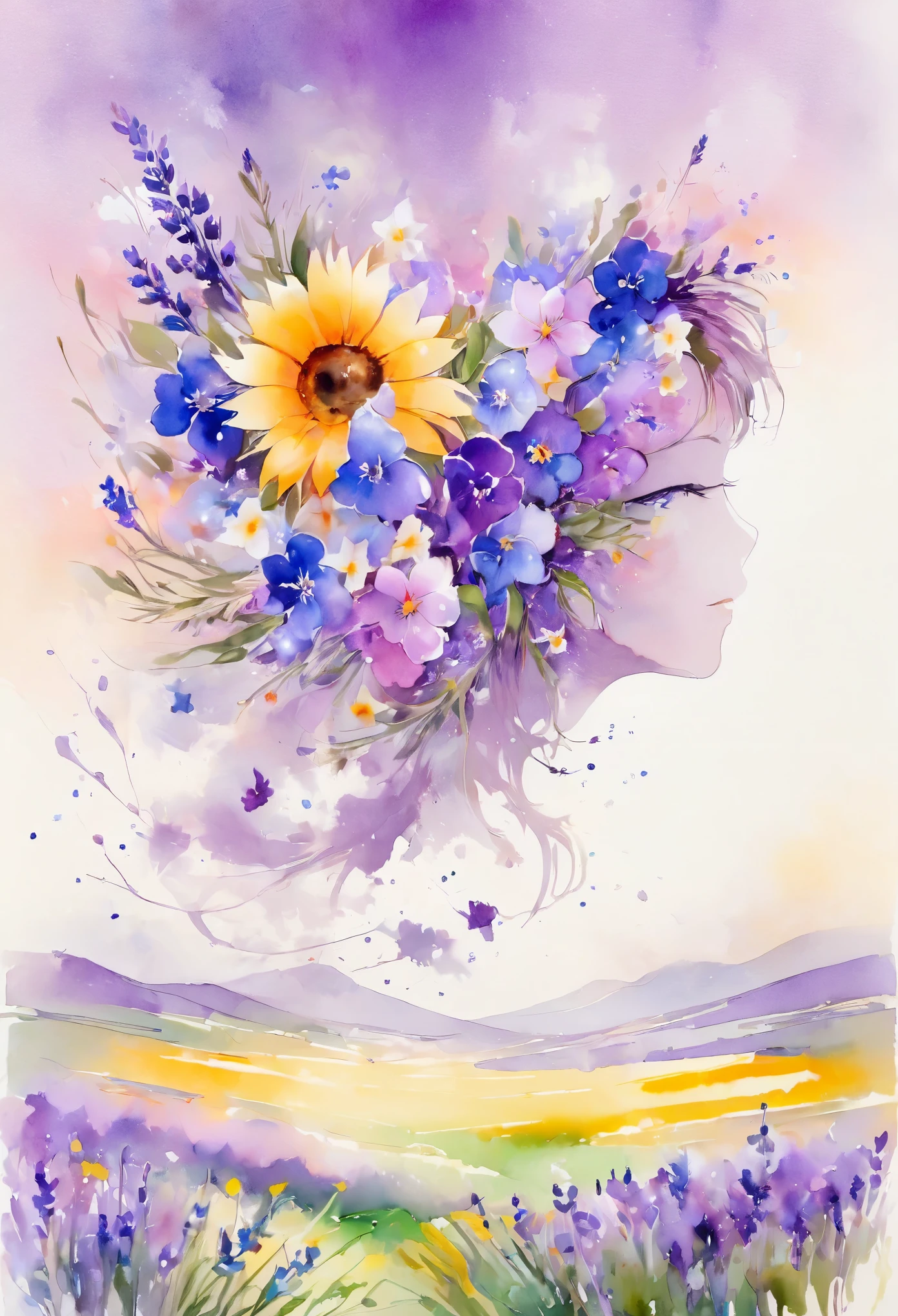 Esta pintura de flores en acuarela presenta un efecto visual elegante y fresco.。Campos de flores silvestres y lavanda，Formando la combinación perfecta de naturaleza y romance.。La pantalla está dominada por un fondo blanco.，Resalte la flor de acuarela aislada。La tecnología Splash recrea las condiciones húmedas，La atmósfera parece vaga y soñadora.。La composición única y la expresión abstracta añaden sentido artístico a la imagen..，Contiene elementos del surrealismo.。El tono de color general es principalmente colores claros.，El lila y el verde se complementan maravillosamente，Mostrar detalles en alta resolución。El efecto de salpicadura de tinta añade un toque de agilidad a la imagen.，El color claro confiere a las flores una belleza profunda y sobria..。