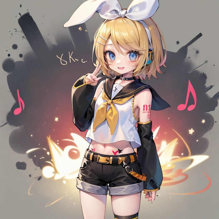 #quality(8K,best quality, masterpiece,Super detailed),alone,#1 girl(cute,cute,small ,Kagamine rin, short hair, Tattoo of numbers, bow, white shirt, removed sleeve, belt, sailor collar, headphones, shorts,black leg warmers,smile),#background(Music notes ,simple,),(anatomically correct human body)