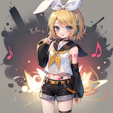 #quality(8K,best quality, masterpiece,Super detailed),alone,#1 girl(cute,cute,small ,Kagamine rin, short hair, Tattoo of numbers...