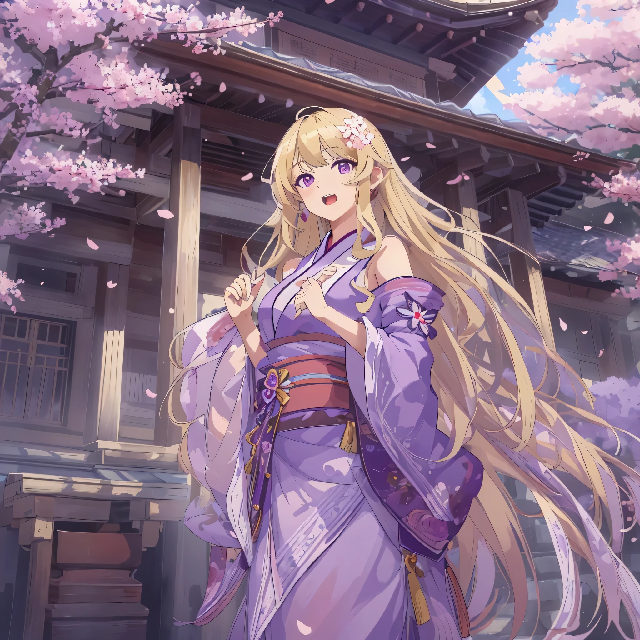 Illustration of Yakumo yukari, small details, 4k,beautiful girl, white woman,Western-style building, cherry blossom, full moon,highest quality, purple eyes, dress,long hair,purple dress,yukari yakumo,masterpiece,intricate details, beautiful and detailed face, See-through, looking at the viewer, open your mouth,dull bangs, Happy, Are standing, cowboy shot,blonde hair,