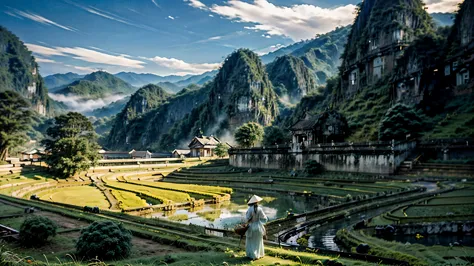 ((a beautiful picture depicting a vietnamese hometown)), the focus of the scene is on a field with steps leading up to a stairca...