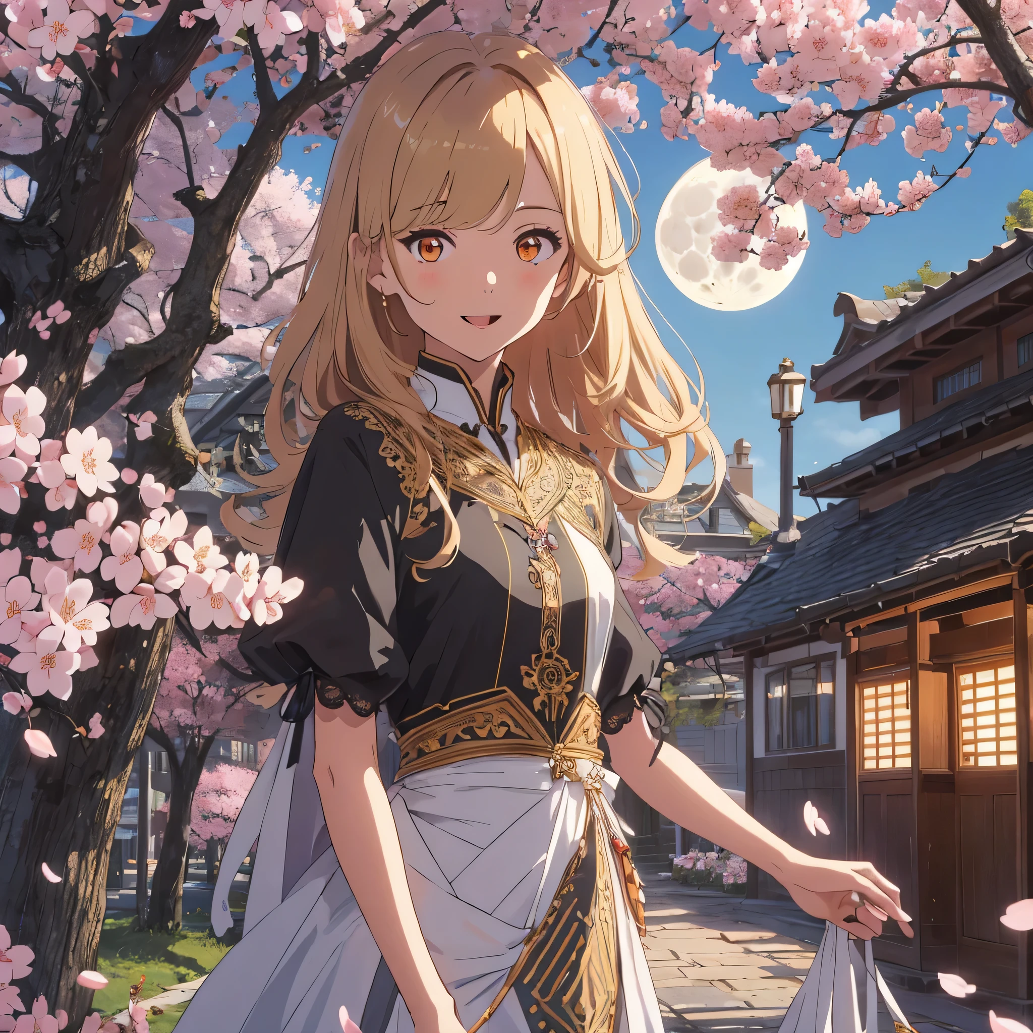 Illustration of Marisa　Kirisame, small details, 4k,beautiful girl, white woman,Western-style building, cherry blossom, full moon,highest quality, orange eyes, dress,long hair,masterpiece,intricate details, beautiful and detailed face, See-through, looking at the viewer, open your mouth,dull bangs, Happy, Are standing, cowboy shot,blonde hair,