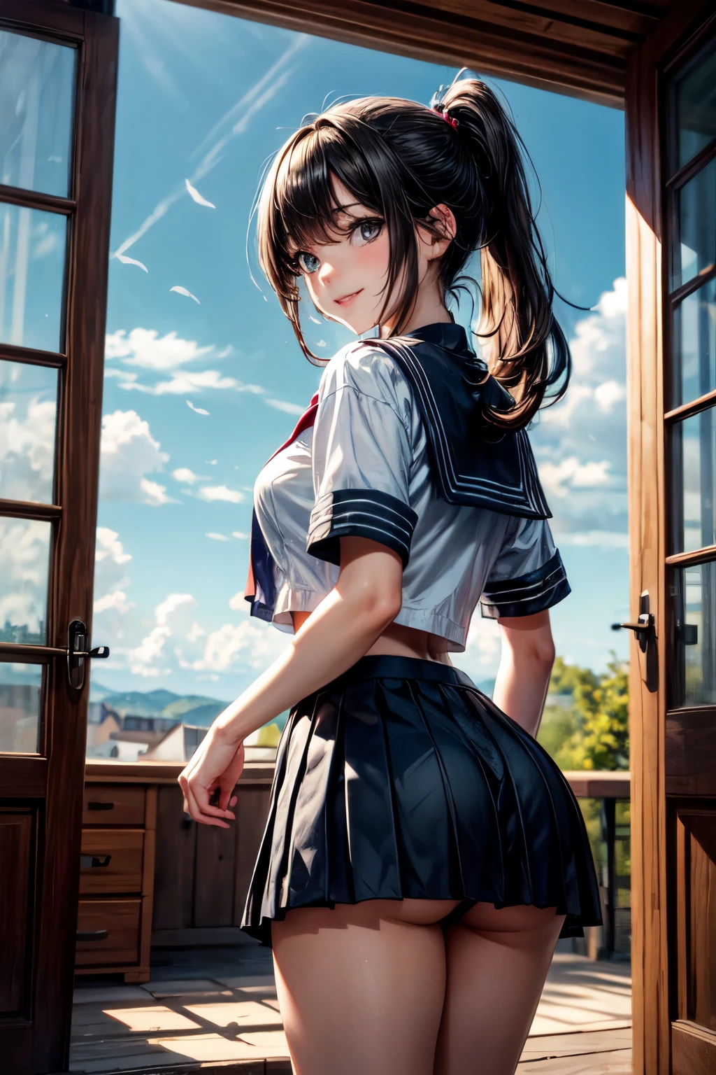 very cute and beautiful girl,(highly detailed beautiful face),
(smile:1.2),serafuku,pleated navy blue mini skirt,
(looking back,from behind),leaning forward,from below,laced white panties,
countryside,wooden cottage,antique living room,
black hair,low ponytail,looking at viewer,
(best quality,masterpiece:1.0),absurdres,highres,ultra-detailed,extremely detailed,32k,8k resolution,
intricate details,cinematic scene,detailed background,solo,dynamic angle,
hair fluttering in the wind,beautiful detailed sky,