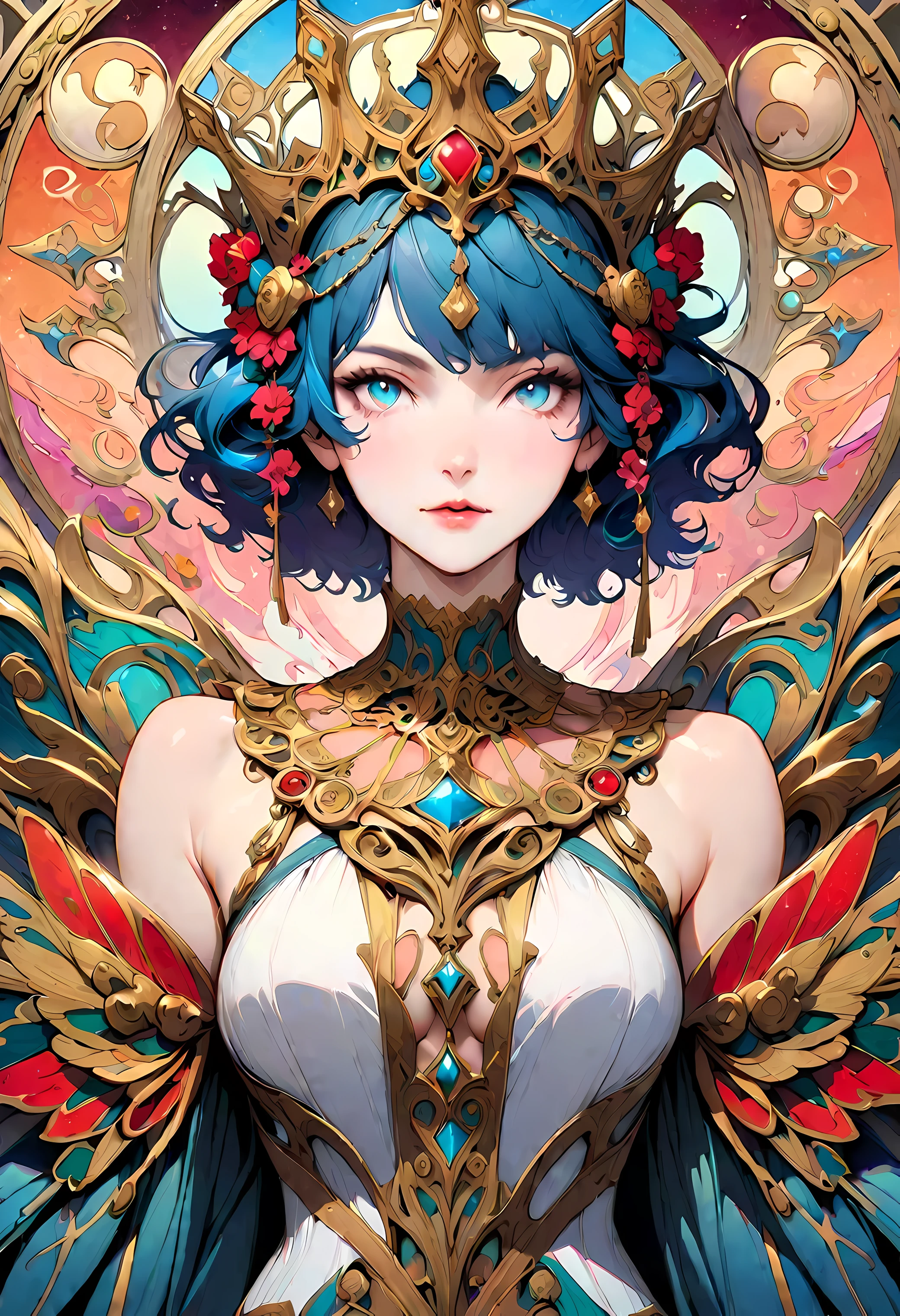 masterpiece, concept art, Tarot card, intricate detail, upper body, (beautiful and aesthetic:1.5), centered, art nouveau, empress, regal, jewelry crown, perfect eyes, hyper maximalism, epic composition, epic proportion, vibrant color, HD