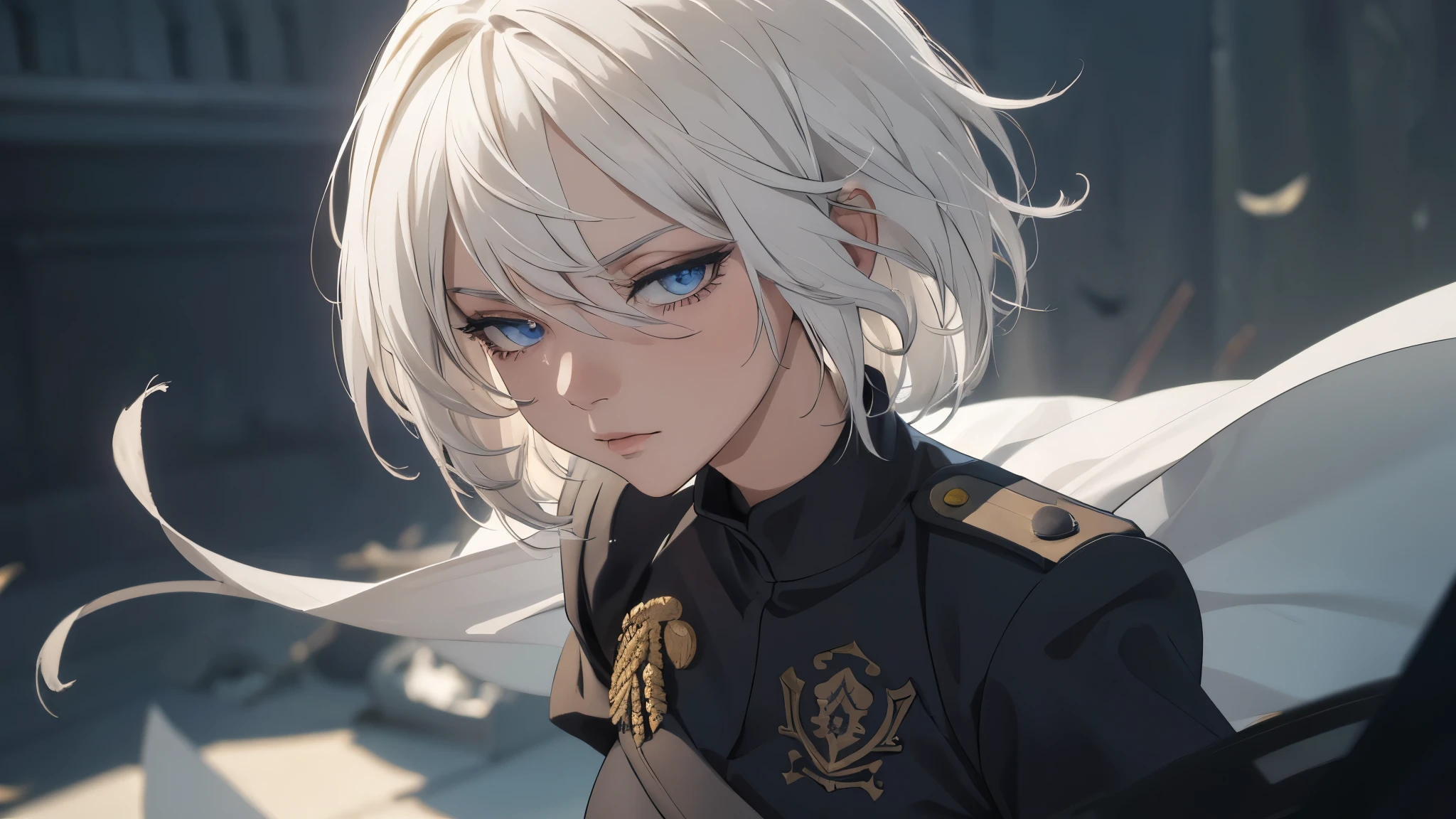 (extremely detailed CG unity 8k wallpaper), (masterpiece), (best quality), (ultra-detailed), (best illustration), (best shadow), (absurdres) ,(detailed eyes), 2b, 1girl, long hair, white hair, solo, Intimidating women, admiral uniform, night, hero pose, white clothes, General Uniform, Military Uniform, Sunlight, exposed to sunlight,commander, fighting pose, wearing cape