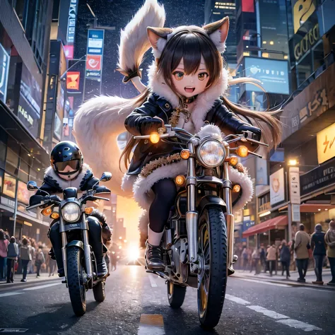 (best quality,highres:1.2),shiba inu girls,adorable chibi style,vibrant colors,fantasy landscape,riding on a motorcycle,magical ...