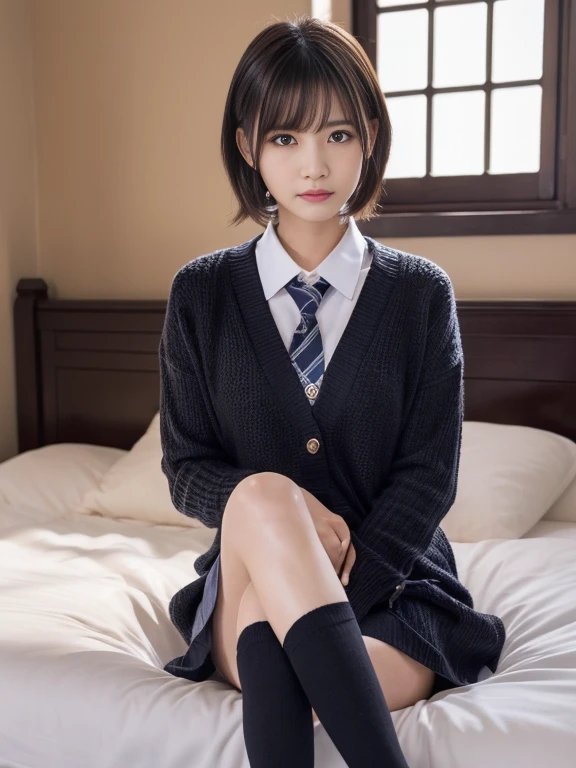 masterpiece，expensiveest quality，official art，High Definition CG Unity 8K Wallpaper High School Girl，very delicate and beautiful，超High resolution，（realistic：1.4），golden hour lighting，（Full body Esbian），（platinum short hair：1.2），（Highly detailed eye resolution），look at the audience，facing the front，( Shy smile face)，JK's Skirt（plaid）， bust，expensive ，tie， masterpiece， highest quality， RAW photo， realistic， face， incredibly irrational solution， written boundary depth， High resolution， Super detailed， small details， very detailed， Highly detailed eyes and face， sharp pupils， Realistic students， fix sharp focus， cinematic lighting, Idol style、very cute:1.2、black haired、bangs、((on the bed、Sitting with your knees:1.4.knee high socks))、cardigan、((Bangs on my cheeks、layer cut、shaggy))、white teeth、The gesture of tying your hair with both hands