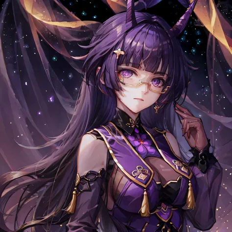 long purple hair,night background with stars , black jacket,glasses, soft smile, purple eyes,