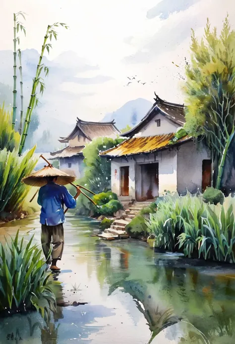 There is a stream in front of the tile house，There are two men carrying hoes，There are willow trees by the river，bamboo，swallow，...