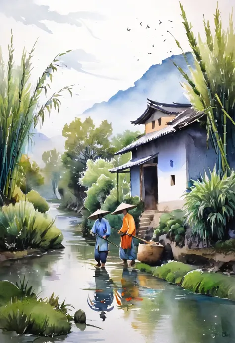 There is a stream in front of the tile house，There are two men carrying hoes，There are willow trees by the river，bamboo，swallow，...