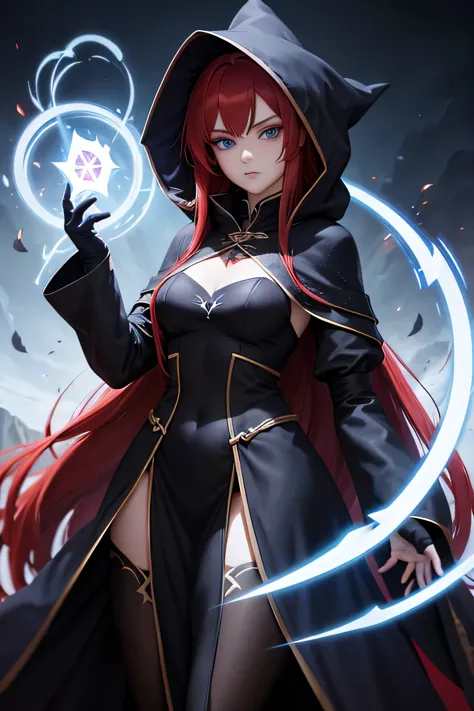 A mage girl with full covered dark cloak, long red hair, blue eyes, medium , white skin, and have cynical gaze while looking at ...