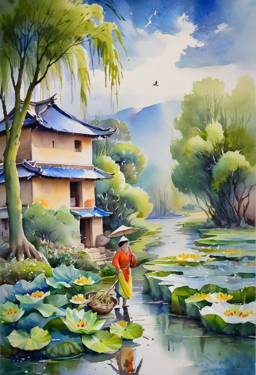 There is a stream in front of the tile house, two people carrying hoes, willow trees, swallows, rain, frogs on lotus leaves, ink wind