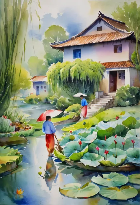 There is a stream in front of the tile house, two people carrying hoes, willow trees, swallows, rain, frogs on lotus leaves, ink...
