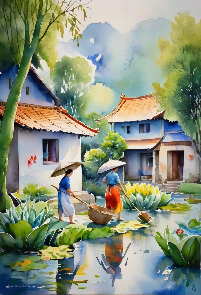 Hay un arroyo frente a la casa de tejas., dos personas cargando azadas, sauces, Golondrinas, lluvia, ranas en hojas de loto, viento de tinta