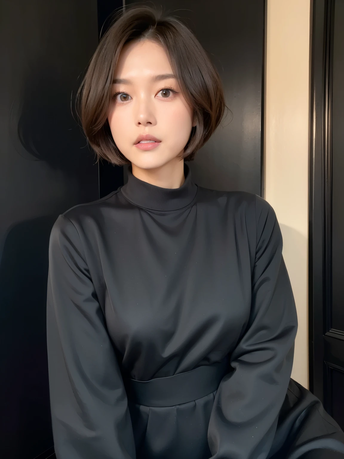 patterned long sleeve dress、table top、(background black wall、Taken in front of the black door:1.4)、((highest quality、8K、masterpiece:1.3))、Japanese woman in her 38s、ultra high resolution、(photogenuineistic:1.4)、Raw photo、Japanese,(face)、genuine、Photographed in natural light、Highly detailed face and skin texture、highly detailed lips、correct state of the human body、shortcut、short hair、short hair、brown hair、various poses、natural color lip、（横face：1.5）、（Comme des Garçons、Yoji Yamamoto：1.4）