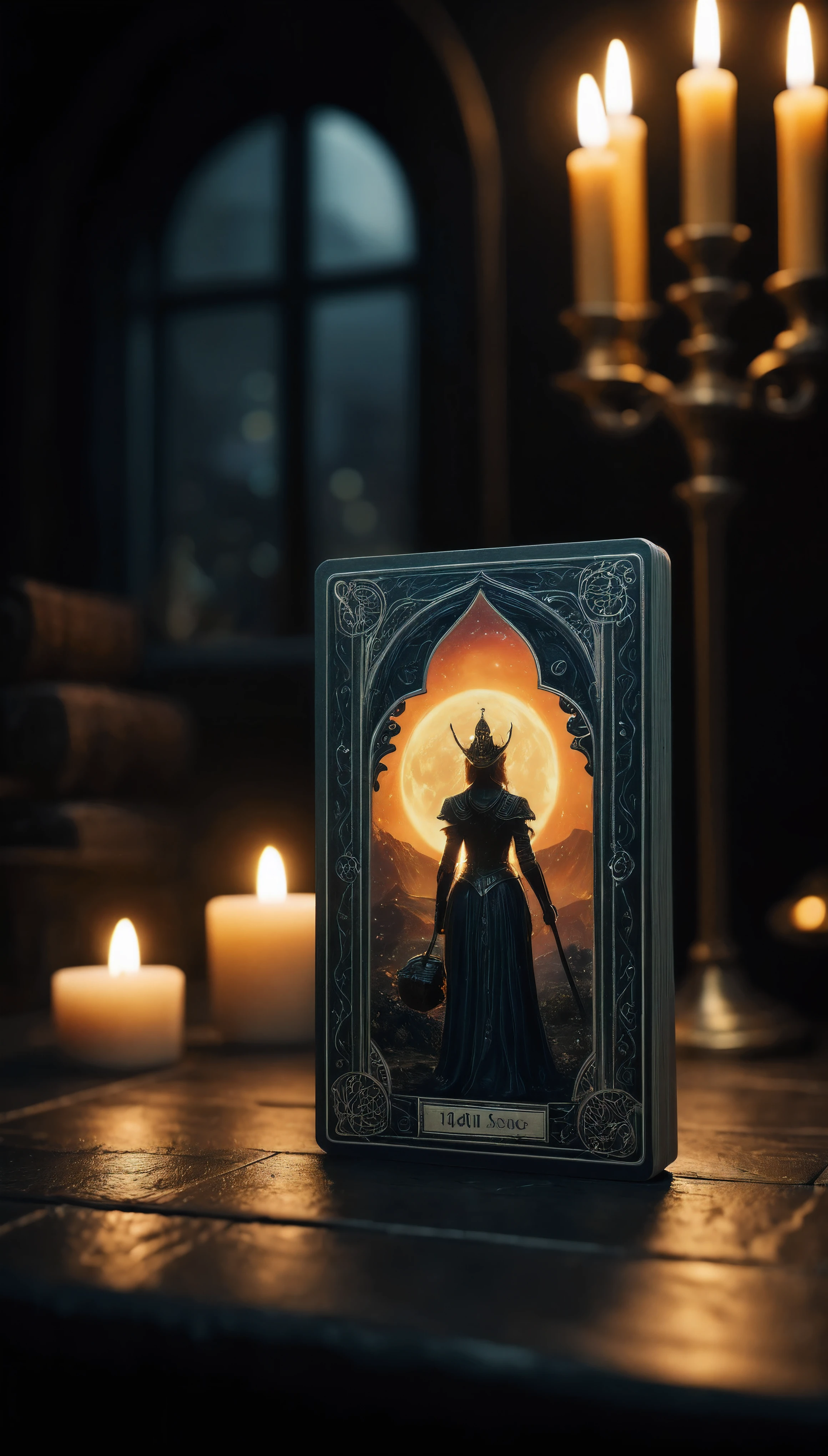 ((Masterpiece in maximum 16K resolution):1.6),((soft_color_photograpy:)1.5), ((Ultra-Detailed):1.4),((Movie-like still images and dynamic angles):1.3). | (Macro shot cinematic photo of Tarot Cards), ((Tarot cards):1.2), (Tarot table), (focus on tarot cards), (macro lens), (exotic antiques), (Dark Candles), (luminous object), (Mysterious atmosphere), (shimmer), (aesthetic DnD vase), (visual experience),(Realism), (Realistic),award-winning graphics, dark shot, film grain, extremely detailed, Digital Art, rtx, Unreal Engine, scene concept anti glare effect, All captured with sharp focus. | Rendered in ultra-high definition with UHD and retina quality, this masterpiece ensures anatomical correctness and textured skin with super detail. With a focus on high quality and accuracy, this award-winning portrayal captures every nuance in stunning 16k resolution, immersing viewers in its lifelike depiction. | ((perfect_composition, perfect_design, perfect_layout, perfect_detail, ultra_detailed)), ((enhance_all, fix_everything)), More Detail, Enhance.