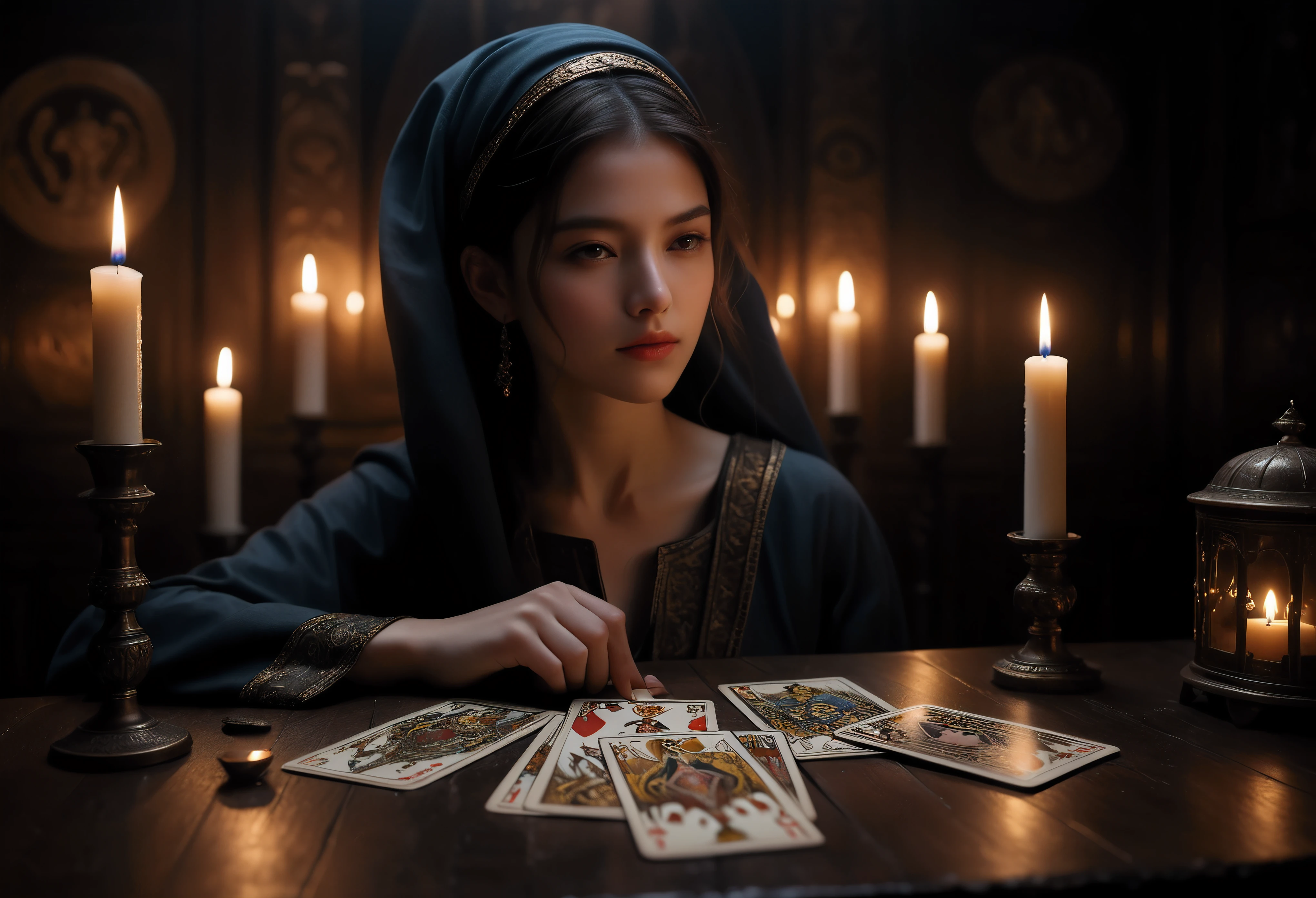 ((Masterpiece in maximum 16K resolution):1.6),((soft_color_photograpy:)1.5), ((Ultra-Detailed):1.4),((Movie-like still images and dynamic angles):1.3). | (Macro shot cinematic photo of Tarot Cards), ((Tarot cards):1.2), (Tarot table), (focus on tarot cards), (macro lens), (exotic antiques), (Dark Candles), (luminous object), (Mysterious atmosphere), (shimmer), (aesthetic DnD vase), (visual experience),(Realism), (Realistic),award-winning graphics, dark shot, film grain, extremely detailed, Digital Art, rtx, Unreal Engine, scene concept anti glare effect, All captured with sharp focus. | Rendered in ultra-high definition with UHD and retina quality, this masterpiece ensures anatomical correctness and textured skin with super detail. With a focus on high quality and accuracy, this award-winning portrayal captures every nuance in stunning 16k resolution, immersing viewers in its lifelike depiction. | ((perfect_composition, perfect_design, perfect_layout, perfect_detail, ultra_detailed)), ((enhance_all, fix_everything)), More Detail, Enhance.