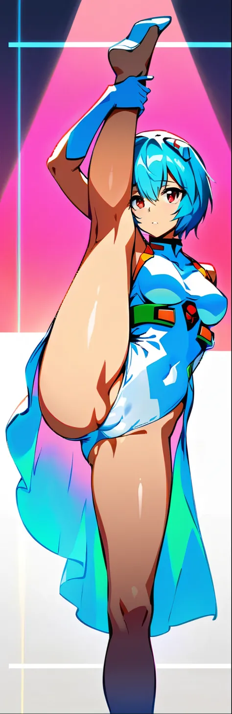 snfw,(highest quality:1.2),1 girl,alone,Are standing_Split,AYANAMI REI,(white leotard:1.2)、short hair,blue hair,bangs,interface headset,hair between eyes,pixelated background,neon light,SF color scheme,Bright colors,metallic texture,detailed shading,Holographic interface,dark atmosphere,high contrast,sharp focus,twig of hair,Reflective surface,exquisite details,High resolution,studio lighting,Red accents,Illuminated environment,artificial intelligence assistant、camel toe