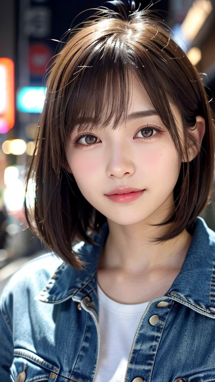 (((Shoulder-length straight brown hair mini bob)))、(((目が細くlight eye makeup)))、(((standing alone on the rider&#39;Jacket and denim against the backdrop of the alleys of Kabukicho at night.)))、(((Please come wearing clothes that cover your arms.)))、Half Japanese and Korean、18 year old girl、independent、facing forward、light eye makeup、brown hair color、flat 、hair blowing in the wind、quality of actress、shiny, super realistic face、smileの表情、Moist eyes、look up、Calming lighting effects、 ultra-realistic capture、very detailed、High resolution 16K close-up of human skin。Skin texture must be natural、Must be so detailed that pores are visible、skin is healthy、Must be an even tone、Use natural light and color、High quality photos taken by a modeling agency&#39;Exclusive photographer、smile
