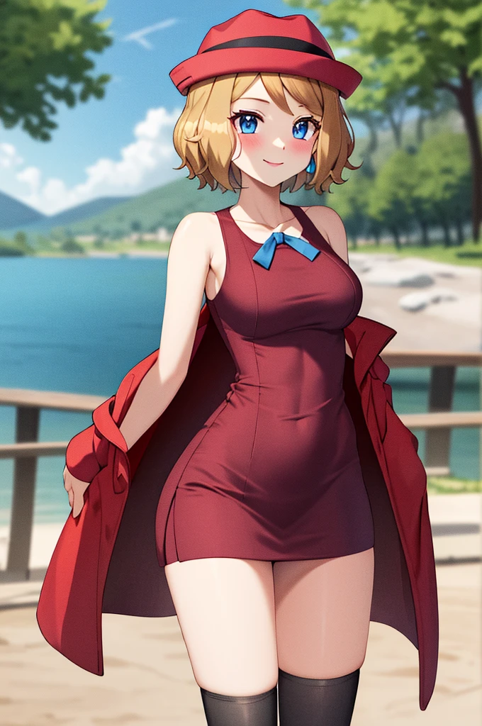 masterpiece, best quality, highres, serena \(pokemon\), short hair, blue eyes, 1girl, solo, blue ribbon, eyelashes, black thighs, neck ribbon, sleeveless, bangs, collarbone, bare arms, pink dress, red coat, pink hat, outdoor, standing by a lake, blushing, smile, long stockings, black stockings, mid-thigh stockings, medium-sized female breasts,  Neckline, detailed background, background of great details.