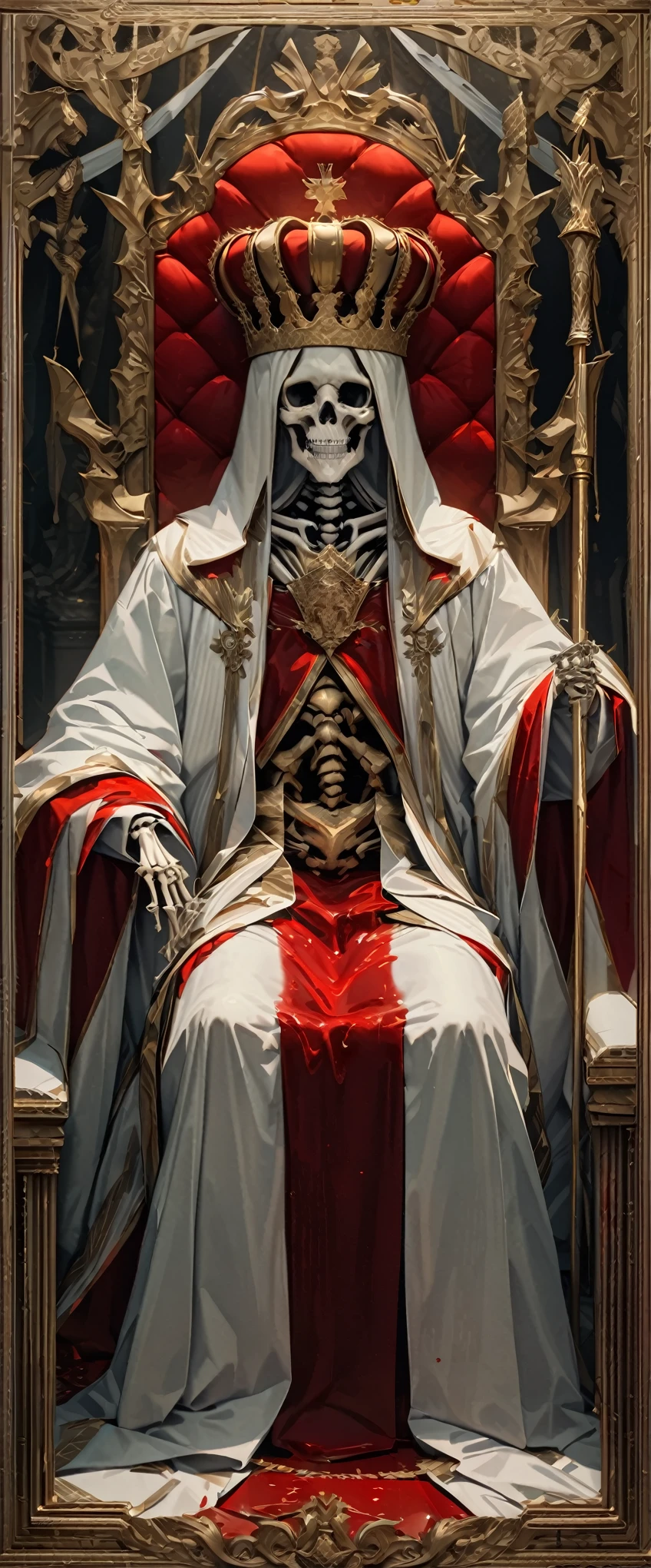 tarot cards, Gold carving border, Skeleton in imperial robes, wearing a crown, Holding a scepter representing royal power, Sitting on a throne bathed in blood, framed, border, UHD, ccurate, textured skin, super detail, anatomically correct, masterpiece, 1080P, 16k