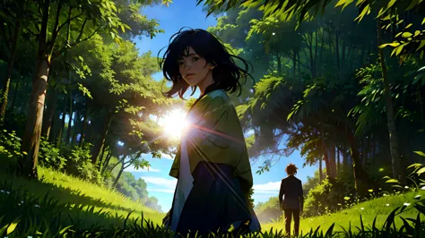 Masterpiece, A grownup couple, standing under a tree, sunlight,warm, cinematic, dynamic camera angle, man and woman wearing clot...