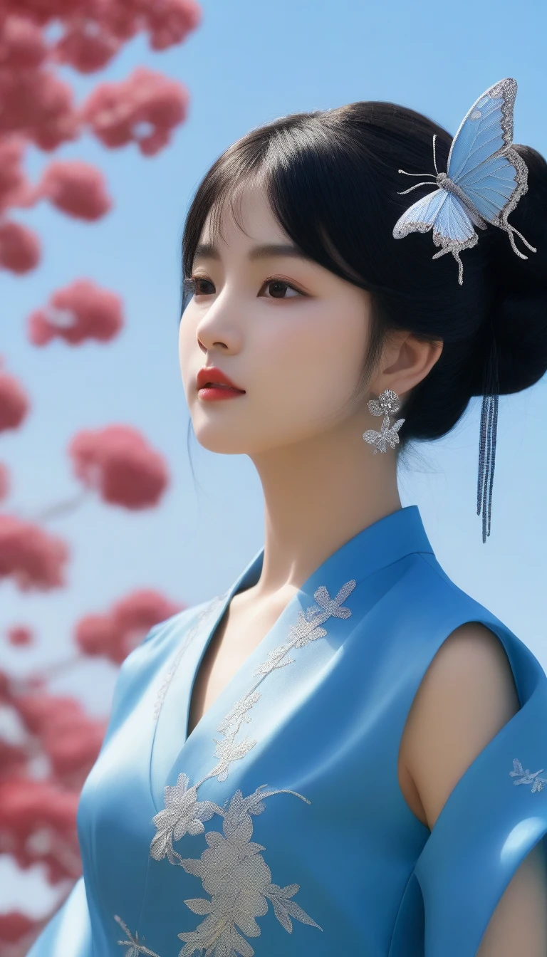 1girl, solo, long_hair, looking_at_viewer, black_hair, hair_ornament, dress, jewelry, closed_mouth, upper_body, flower, earrings, sky, hair_bun, from_side, blue_sky, blue_dress, chinese_clothes, bug, butterfly, branch, back_cutout