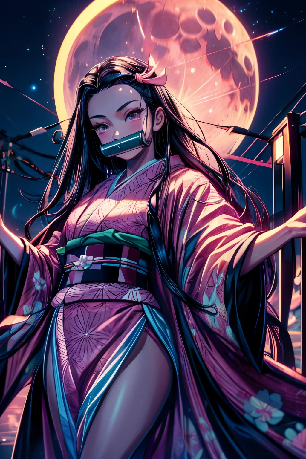 masterpiece, (pink kimono), seductive face, good lighting, low-cut, fine details, masterpiece, girl, black hair, gag,  Nezuko Kamado, old twon,night time,moon,masterpiece, best quality, POV, wide hips,