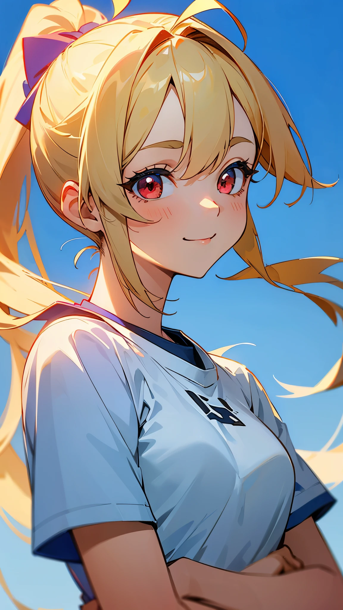 1 девочка、Изображение в стиле аниме、блондинка с хвостиком、ахоге、Круглые красные глаза、голубое небо、Темно-синий фон, белая футболка、улыбка、со стороны、верхняя часть тела крупным планом