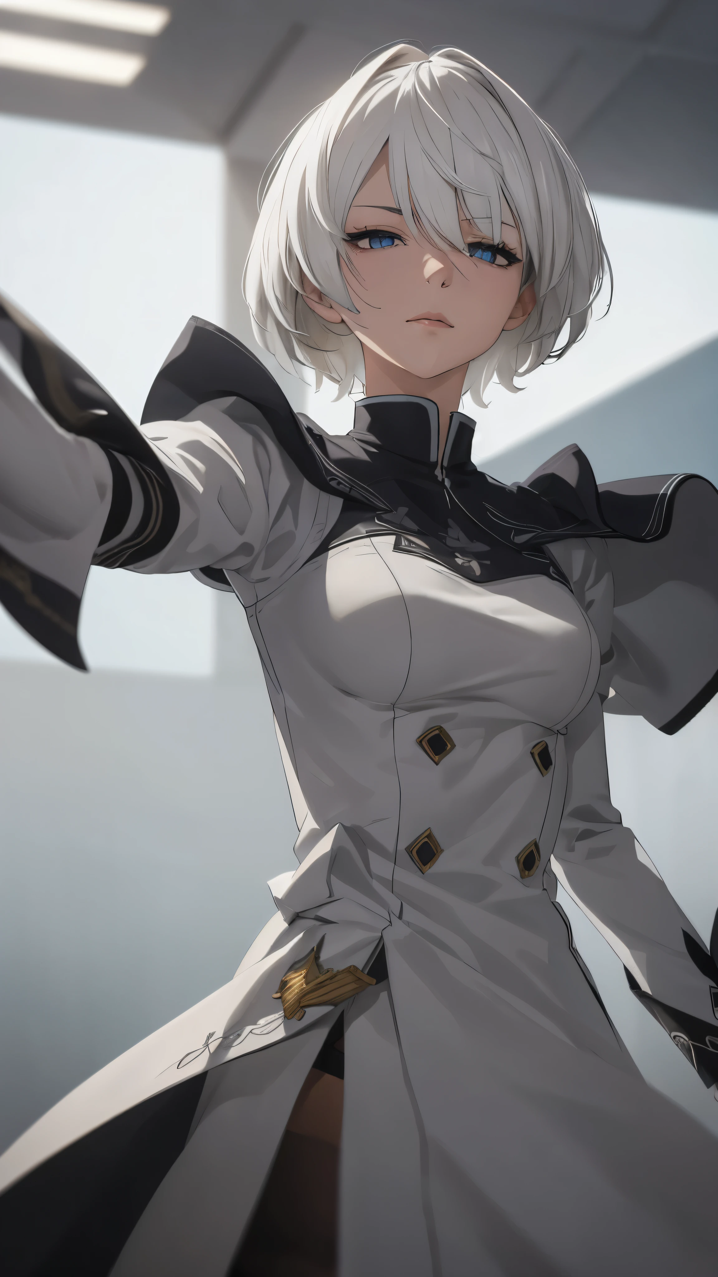 extremely detailed CG unity 8k wallpaper), (masterpiece), (best quality), (ultra-detailed), (best illustration), (best shadow), (absurdres) ,(detailed eyes), 2b, 1girl, short hair, white hair, solo, Intimidating women, admiral uniform, night, hero pose, white clothes, General Uniform, Military Uniform, Sunlight, exposed to sunlight,commander, fighting pose, wearing cape