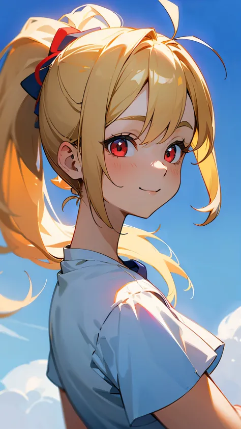 1 girl、Anime-like depiction、blonde ponytail、Ahoge、round red eyes、blue sky、Dark blue background, white t-shirt、smile、From the sid...