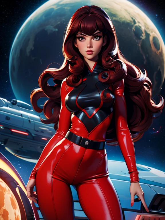 Best quality, 8K, woman space retro futurism, beautiful and detailed face, red curly long hair, bangs,big eyelashes,LOOKING TO observer,TAN bodystocking, black belt,sci-fi RETRO SPACESHIP scenario