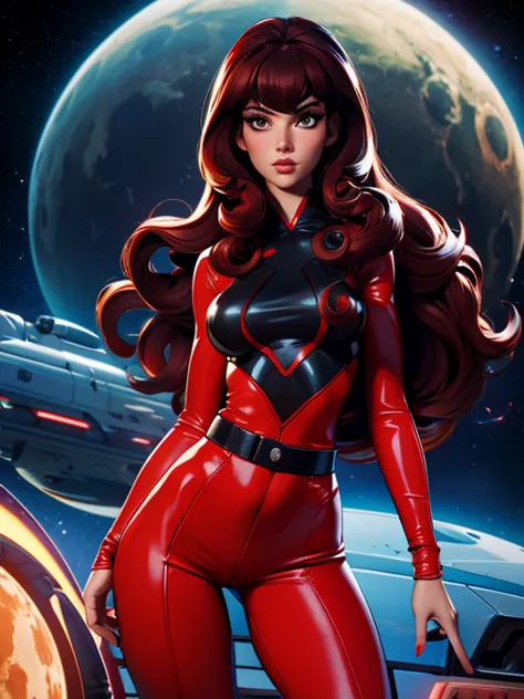 best quality, 8k, woman space retro futurism, beautiful and detailed face, red curly long hair, bangs,big eyelashes,looking to o...