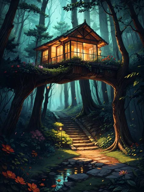 wide view, a beautiful glass villa, covered with colorful flowers, forest, tree roots, stairs, warm light, evening, aesthetics, ...