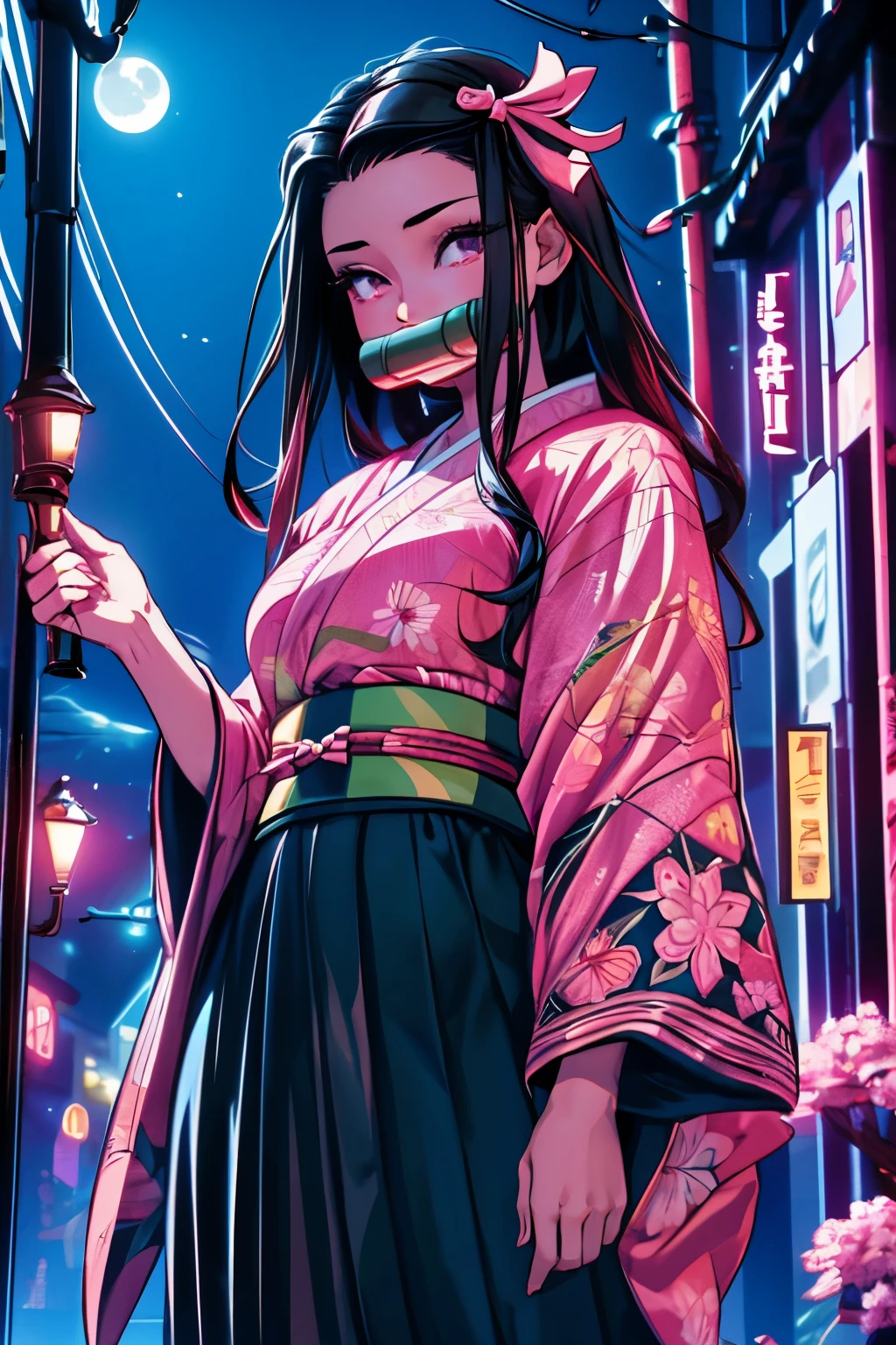 masterpiece, (pink kimono), seductive face, good lighting, low-cut, fine details, masterpiece, 1girl, black hair, gag,  Nezuko Kamado, old twon,night time,moon,masterpiece, best quality, POV, wide hips,