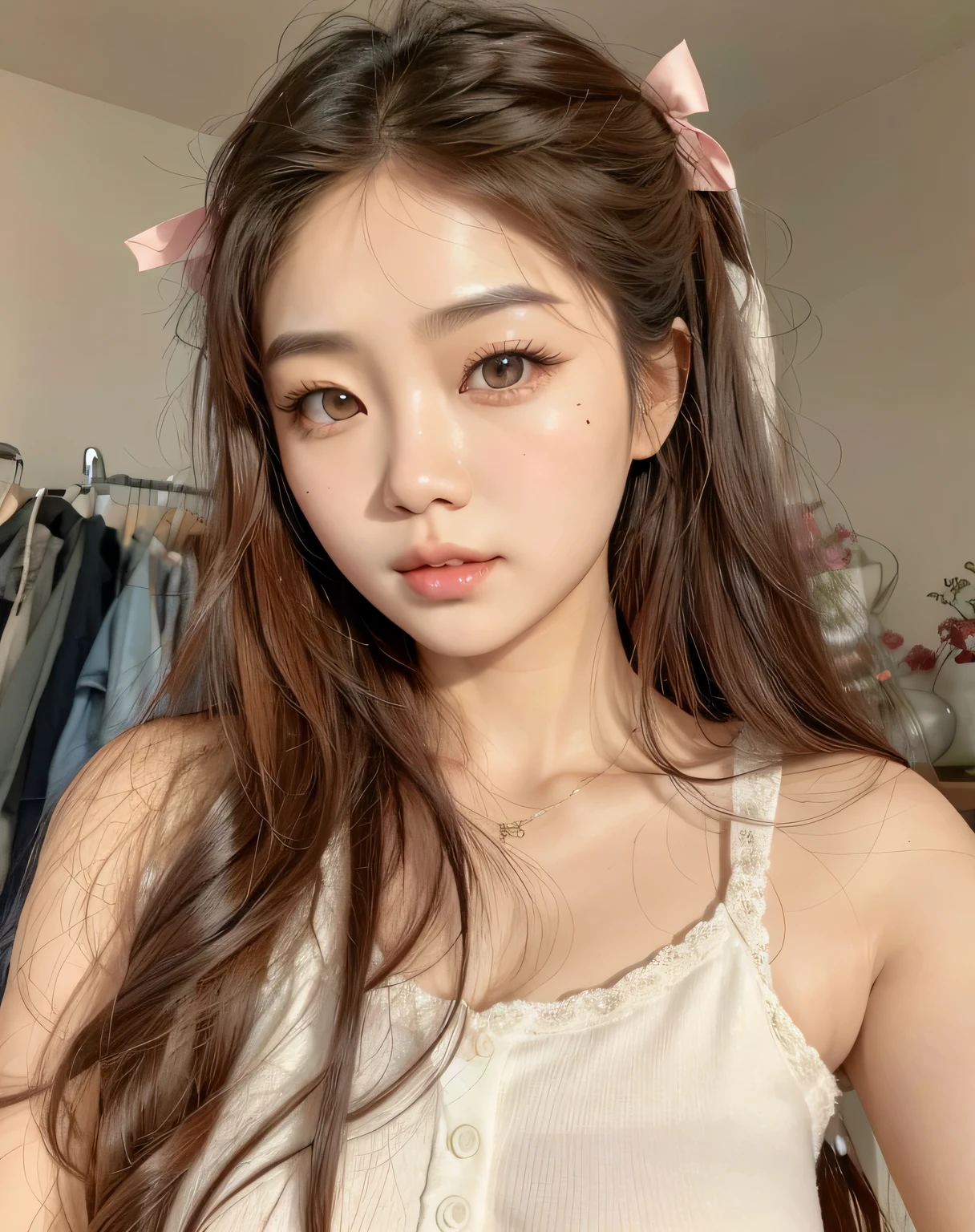 asian woman, cute asian woman, asiatic woman, beautiful woman, south korean woman, korean girl, pretty girl, gray iris, big pretty lips, big doe eyes, juicy plumpy lips, silky hair, korean style, pretty moles, girl cute