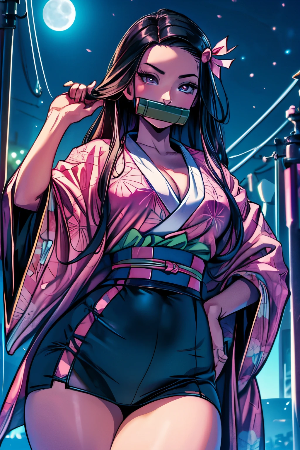 masterpiece, (pink kimono), seductive face, good lighting, low-cut, fine details, masterpiece, 1girl, black hair, gag,  Nezuko Kamado, old twon,night time,moon,masterpiece, best quality, POV, wide hips,