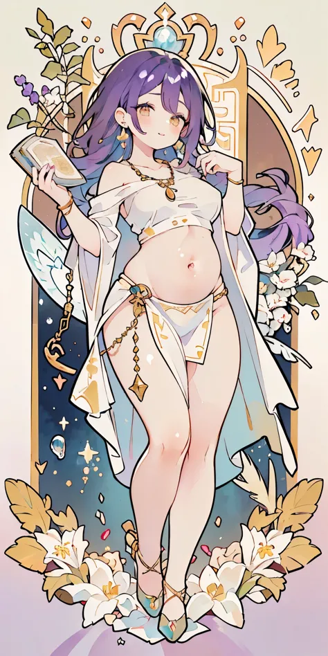 (((purple hair))), Mr.々hairstyle, sword士, absurdres, highres, ultra detailed, beautiful, masterpiece, best quality, (1girl:1.2), Medieval, ((tarot)), bard, dancer, bare bare shoulders, cane, sword, shield, crystal, Gather Dresses, coat four, ((Lightweight ...