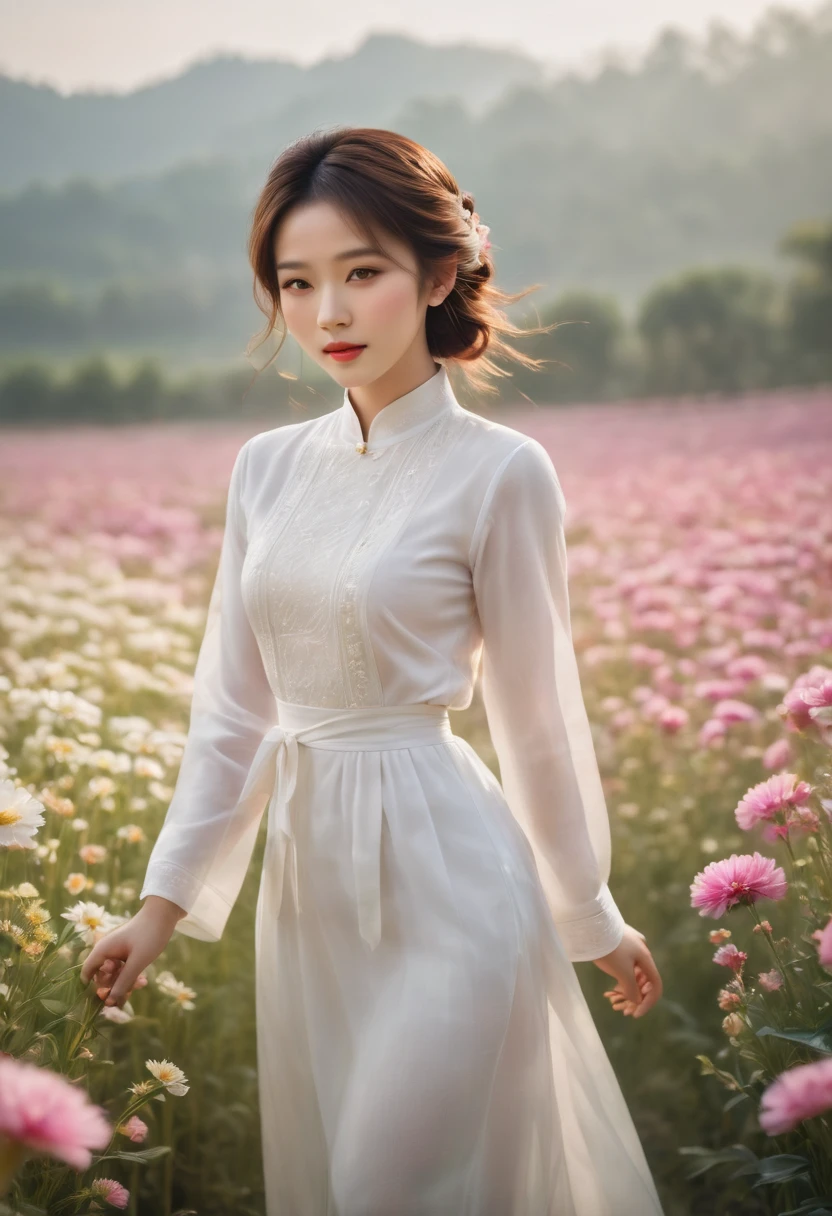 une belle fille en aodai blanc , chef-d&#39;œuvre, Meilleure qualité, Réaliste:1.3,in a field of fleurs, holding bundle of fleurs, lumière du soleil, rétroéclairage, Profondeur émotionnelle, fleurs, champs de fleurs, floraison, ultra détaillé, grain de film,Lumière et ombre brumeuses, esthétisme, film mélancolique