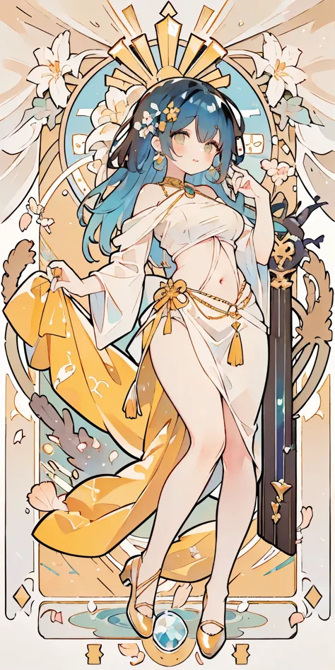 (((Mr.々colored hair))), Mr.々hairstyle, dancer, absurdres, highres, ultra detailed, beautiful, masterpiece, best quality, (1girl:1.2), Medieval, ((tarot)), bard, dancer, bare bare shoulders, cane, sword, shield, crystal, Gather Dresses, coat four, ((Lightwe...