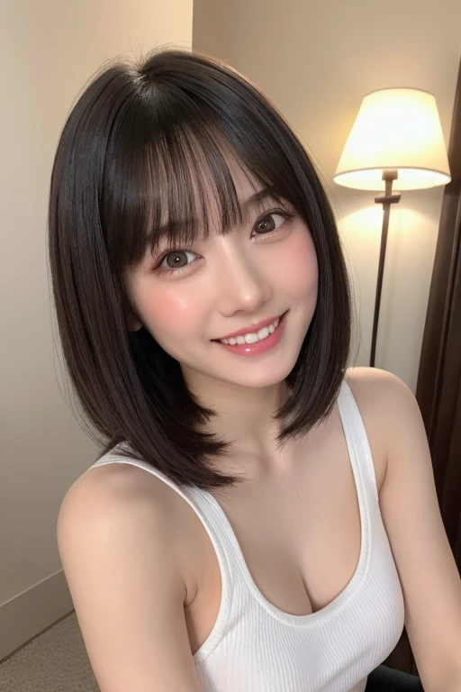 laughter、highest quality, one girl, (beautiful girl:1.3), (1:1.2), very detailed definition, (symmetrical eyes:1.3), (Oversized white tank top:1.3), beautiful breasts, brown eyes, parted bangs, brown hair、(Nipples are noticeable)、smile、white teeth、stripping room、((shortcut、layer cut、shaggy、Hair on the cheeks))、high angle、dye your cheeks red、blush、embarrassed