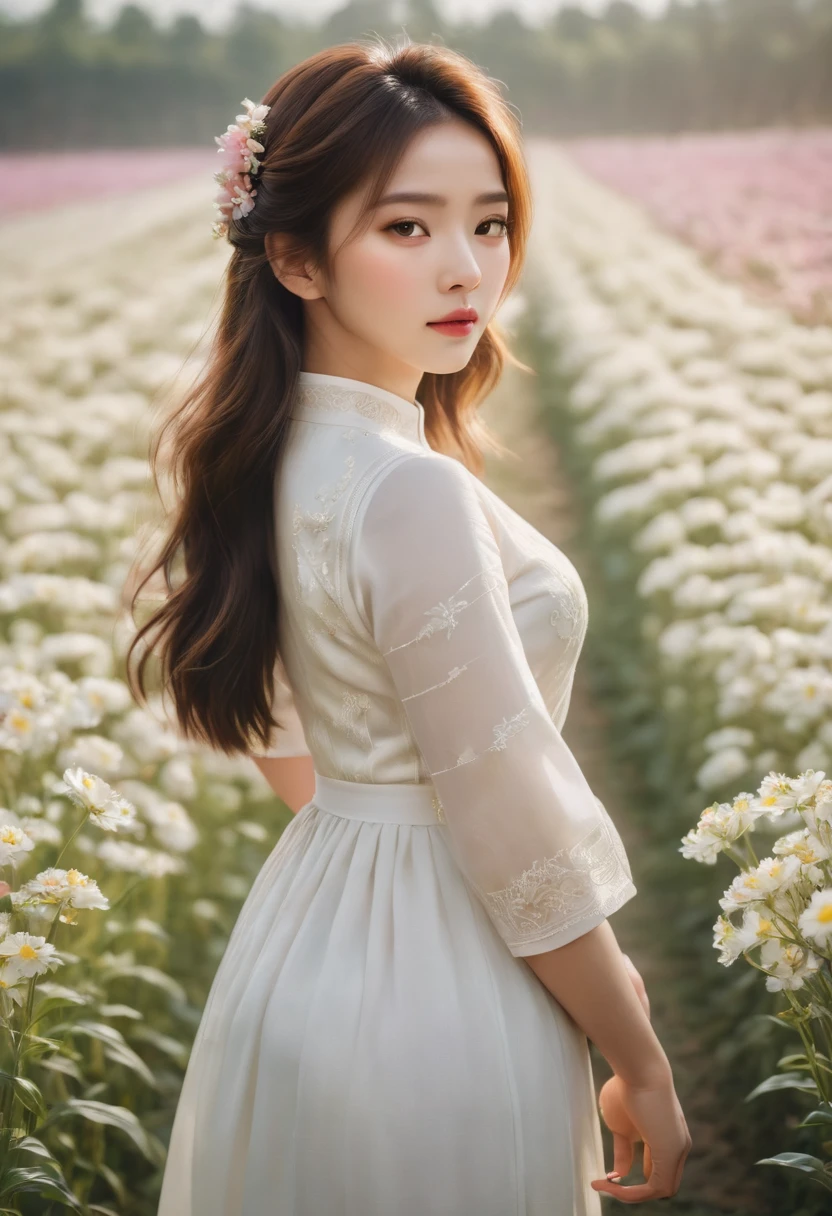 a beautiful girl in white aodai , masterpiece, best quality, realistic:1.3,in a field of flowers, holding bundle of flowers, sunlight, backlighting, emotional depth, flowers, flower fields, bloom, ultra detailed, film grain,hazy light and shadow, aestheticism, melancholic film