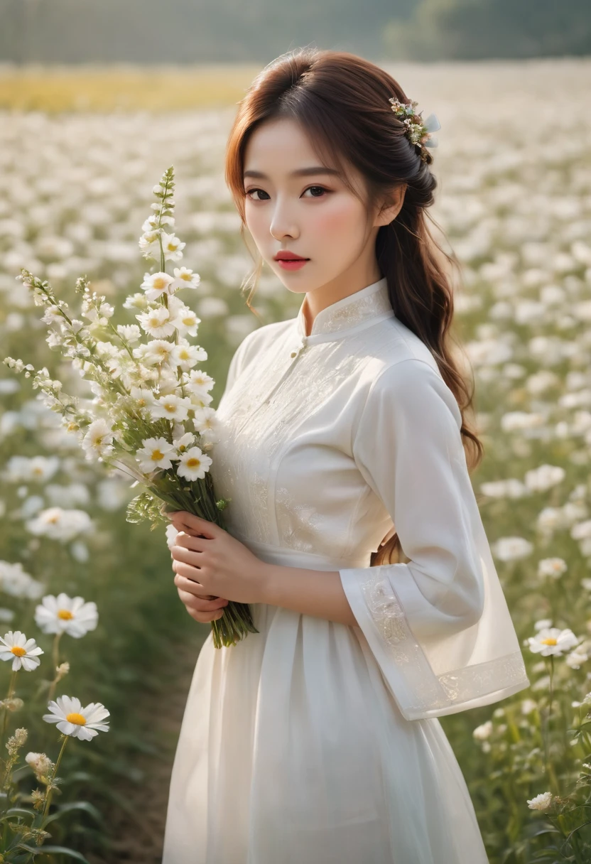 une belle fille en aodai blanc , chef-d&#39;œuvre, Meilleure qualité, Réaliste:1.3,in a field of fleurs, holding bundle of fleurs, lumière du soleil, rétroéclairage, Profondeur émotionnelle, fleurs, champs de fleurs, floraison, ultra détaillé, grain de film,Lumière et ombre brumeuses, esthétisme, film mélancolique