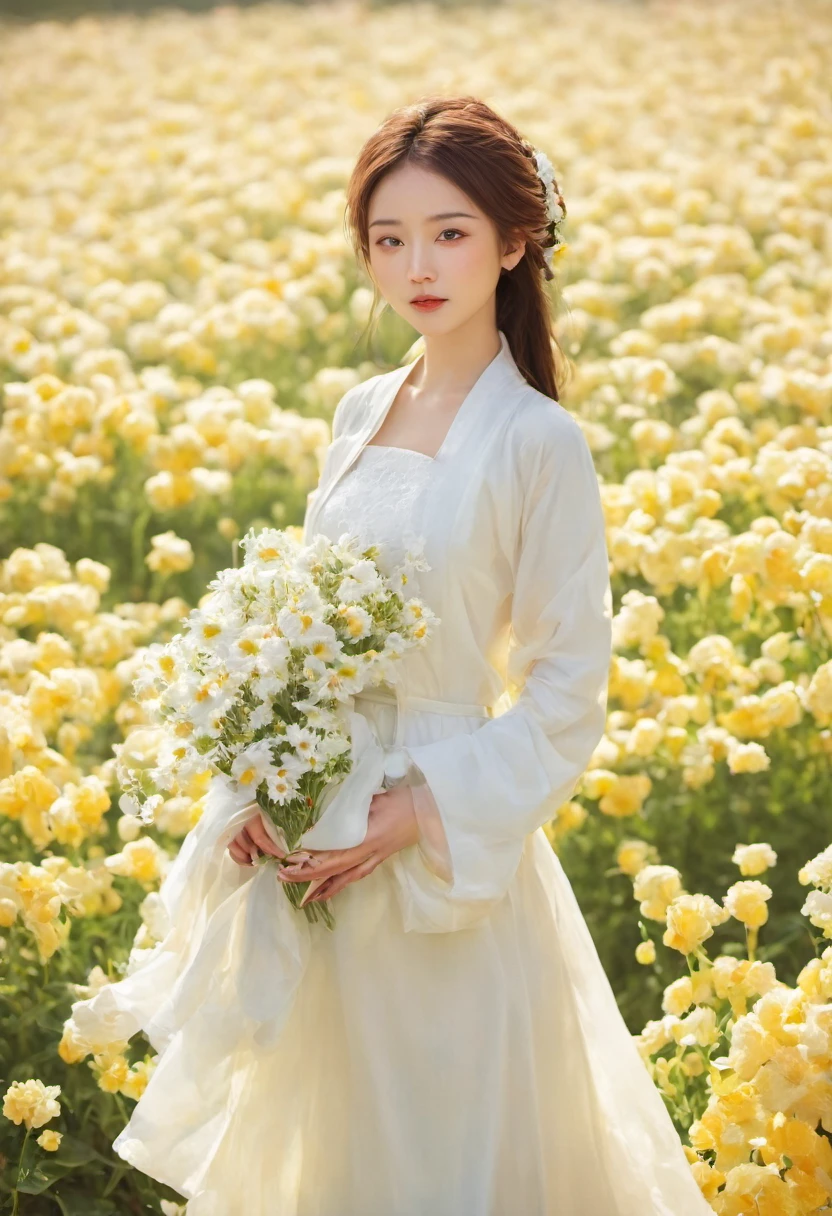 une belle fille en aodai blanc , chef-d&#39;œuvre, meilleure qualité, réaliste:1.3,in a field of fleurs, holding bundle of fleurs, lumière du soleil, rétroéclairage, profondeur émotionnelle, fleurs, champs de fleurs, floraison, ultra détaillé, grain de film,Lumière et ombre brumeuses, esthétisme, film mélancolique