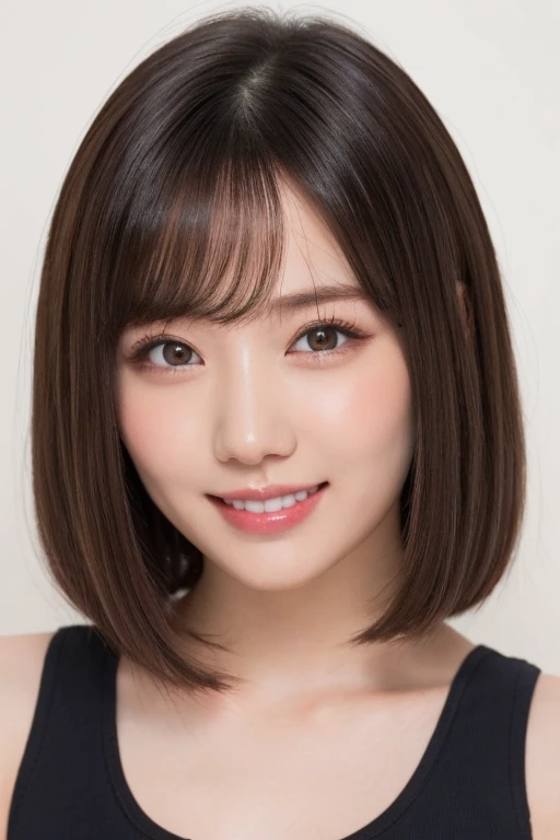 laughter、highest quality, one girl, (beautiful girl:1.3), (1:1.2), very detailed definition, (symmetrical eyes:1.3), (Oversized white tank top:1.3), beautiful breasts, brown eyes, parted bangs, brown hair、(Nipples are noticeable)、smile、white teeth、stripping room、((shortcut、layer cut、shaggy、Cheek hair))、high angle、dye your cheeks red、blush、embarrassing、Highly detailed eye resolution